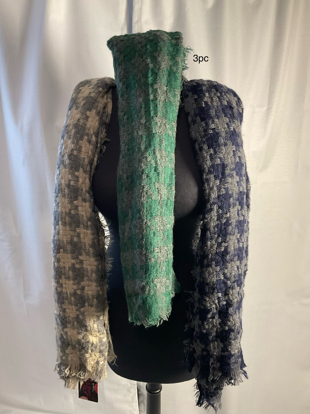 3-Piece Houndstooth Fringe Scarves - Green, Navy, Beige